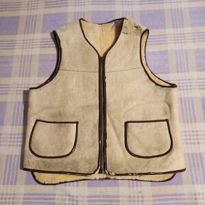 VINTAGE Le Girard Tan Suede Wool Fleece Vest Full Zip Rare Pockets Talon 60s 70s